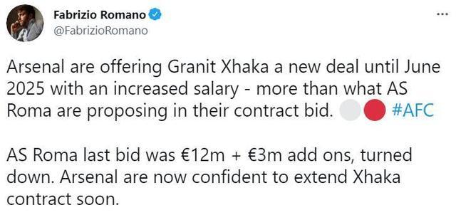 罗马诺：阿森纳开出4年续约合同挽留扎卡