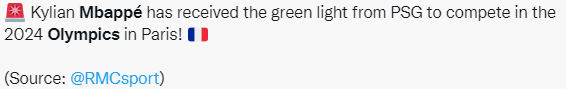 法媒：姆巴佩要求巴黎让自己参加奥运会，巴黎同意