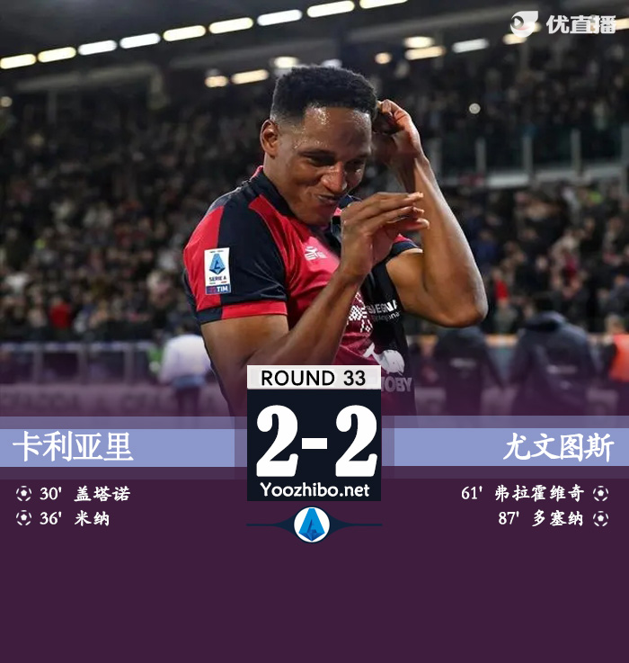 尤文2-2卡利亚里 布雷默什琴斯尼送点